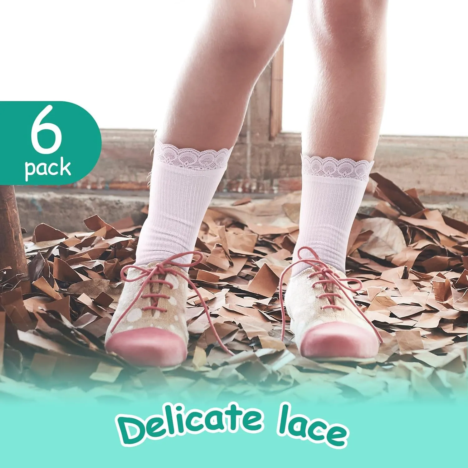 SATINIOR 6 Pairs Girls Ruffle Socks White Ruffled Lace Trim Eyelet Frilly Dress Socks for School Toddler Preschool