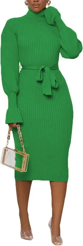 Sexyshine Women's Long Sleeve High Neck Sweater Dress Ribbed Knit Turtleneck A Line Midi Sweater Dress with Belt
