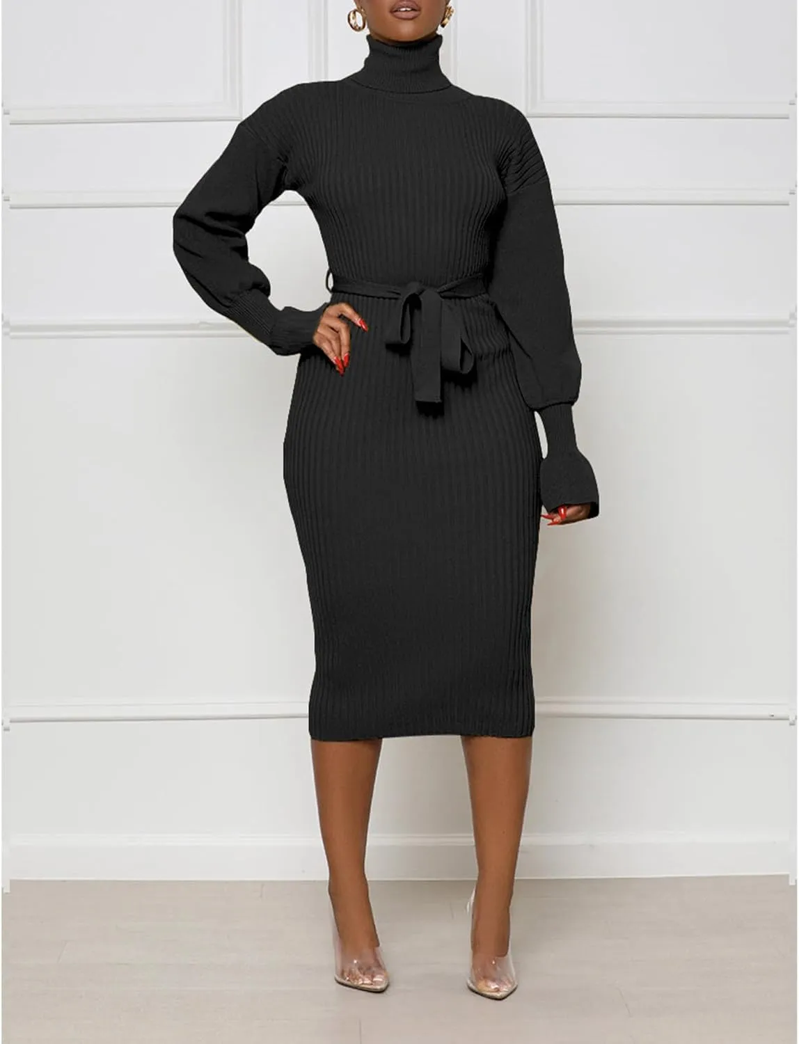 Sexyshine Women's Long Sleeve High Neck Sweater Dress Ribbed Knit Turtleneck A Line Midi Sweater Dress with Belt