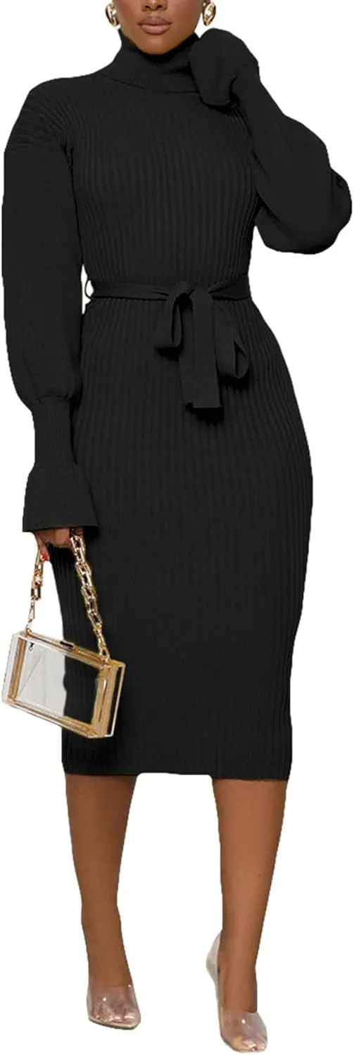 Sexyshine Women's Long Sleeve High Neck Sweater Dress Ribbed Knit Turtleneck A Line Midi Sweater Dress with Belt