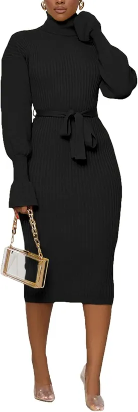 Sexyshine Women's Long Sleeve High Neck Sweater Dress Ribbed Knit Turtleneck A Line Midi Sweater Dress with Belt