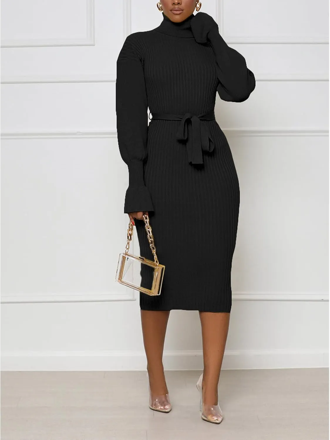 Sexyshine Women's Long Sleeve High Neck Sweater Dress Ribbed Knit Turtleneck A Line Midi Sweater Dress with Belt
