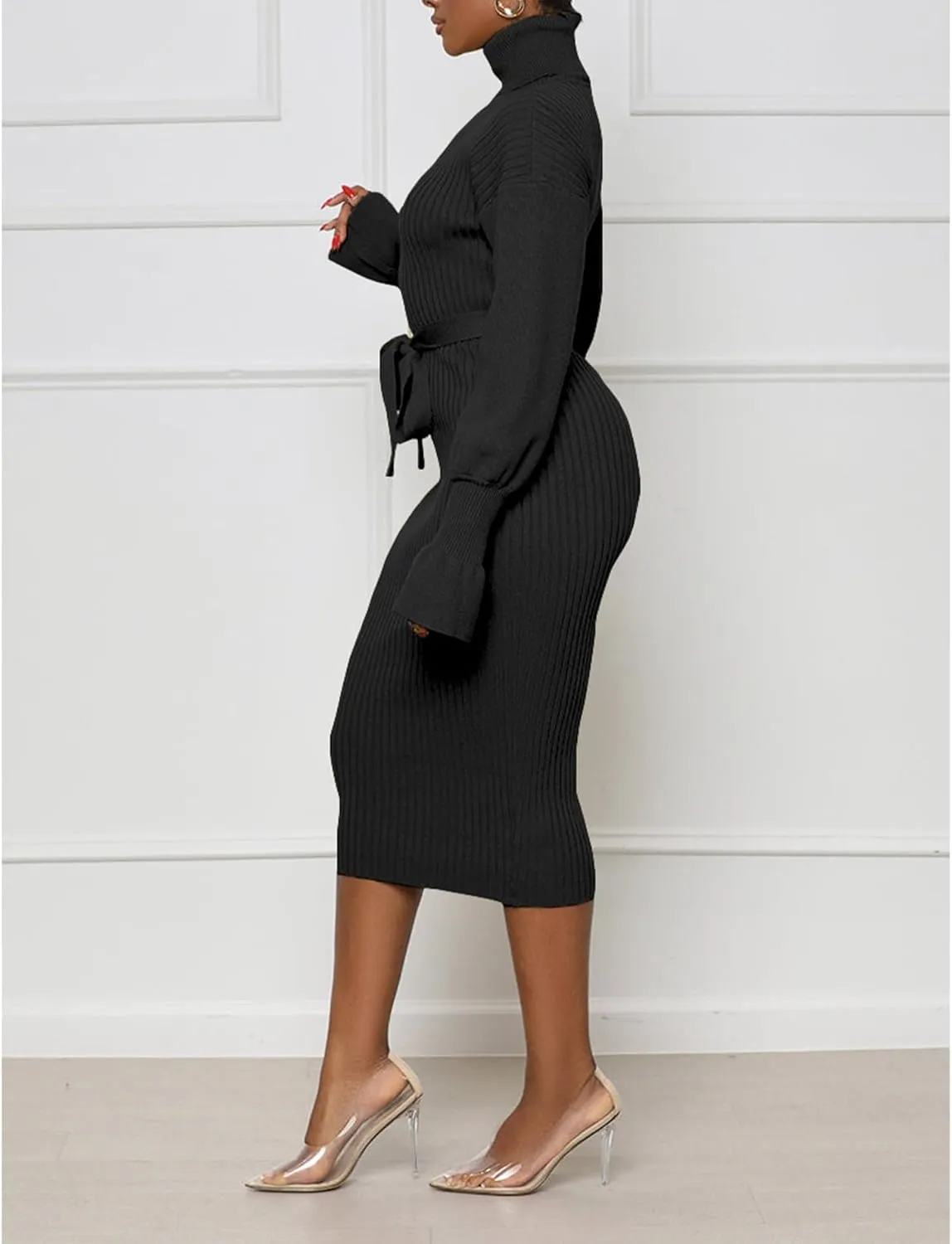 Sexyshine Women's Long Sleeve High Neck Sweater Dress Ribbed Knit Turtleneck A Line Midi Sweater Dress with Belt