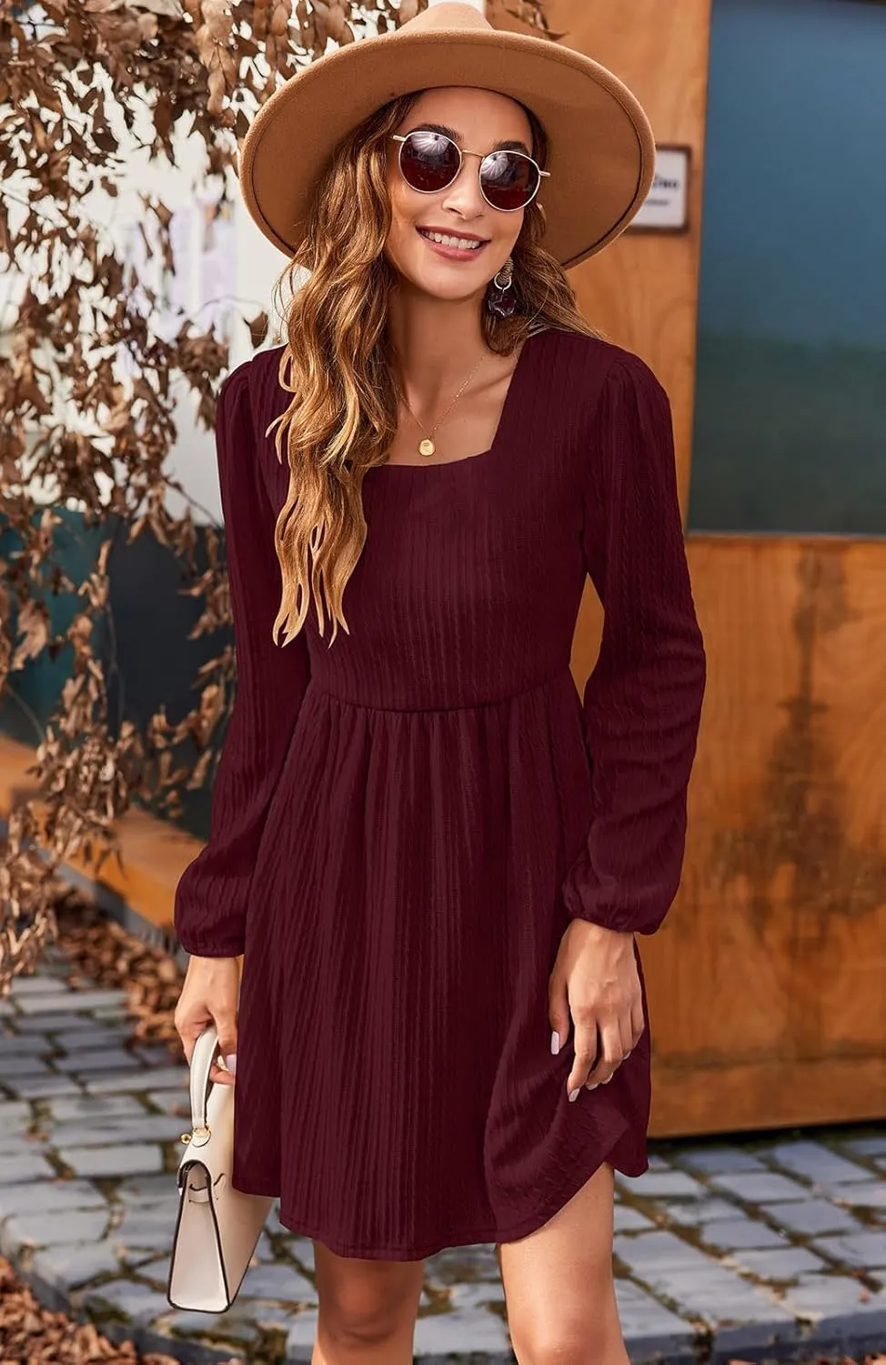 Sherosa Womens Long Sleeve Knit Dress Square Neck Knee Length Casual Babydoll Fall Dresses 2023