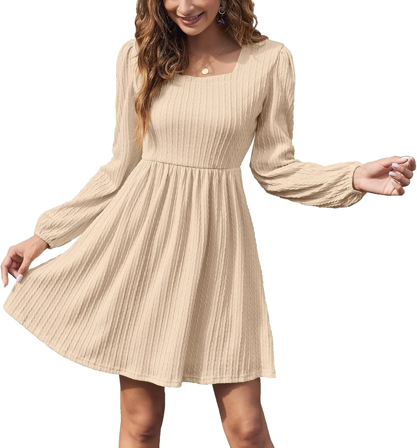 Sherosa Womens Long Sleeve Knit Dress Square Neck Knee Length Casual Babydoll Fall Dresses 2023