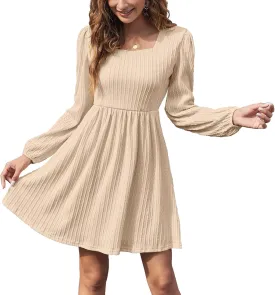 Sherosa Womens Long Sleeve Knit Dress Square Neck Knee Length Casual Babydoll Fall Dresses 2023