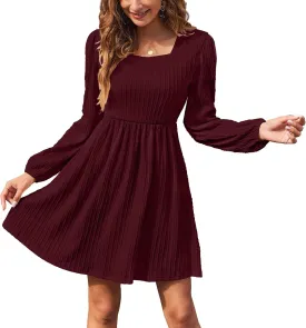 Sherosa Womens Long Sleeve Knit Dress Square Neck Knee Length Casual Babydoll Fall Dresses 2023