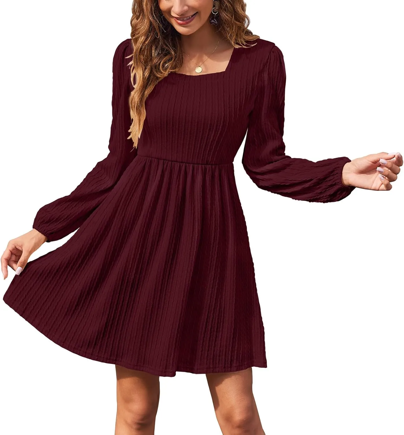 Sherosa Womens Long Sleeve Knit Dress Square Neck Knee Length Casual Babydoll Fall Dresses 2023