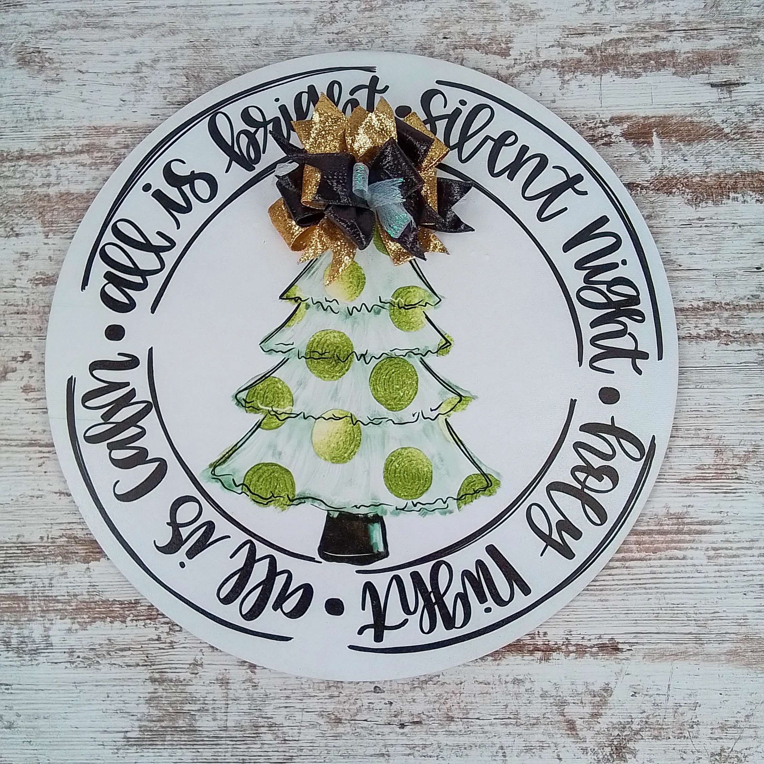 Silent Night Door Hanger - Gold and Black Christmas Decor - Round Circle Design