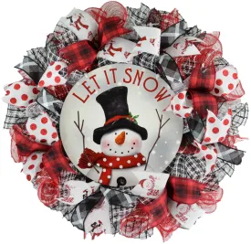 Snowman Wreath | Let It Snow Christmas Mesh Outdoor Front Door Wreath; White Red Black