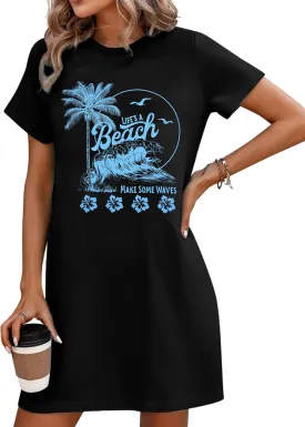 Summer Dresses for Women Beach Tshirt Dress Coconut Tree Graphic Tops A Line Dress Casual Short Sleeve Top