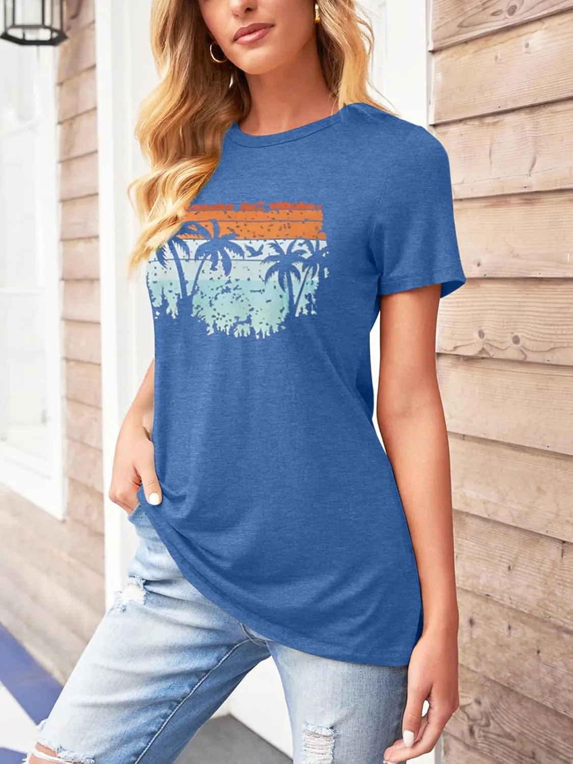 TAKEYAL Women Los Angeles Graphic T Shirts California Letter Print Short Sleeve Tee Loose Casual Tops