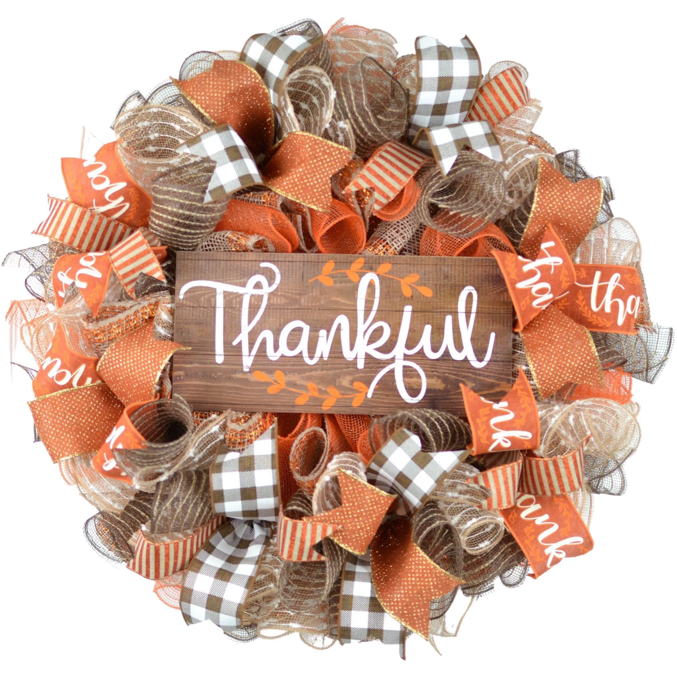Thankful Buffalo Check Fall Thanksgiving Wreath | Orange White Brown