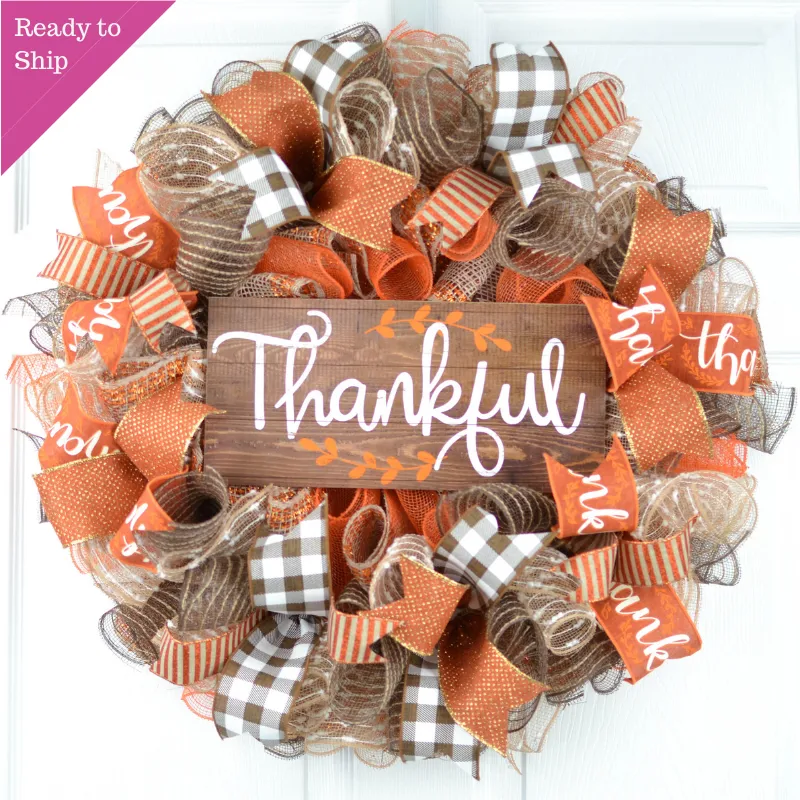 Thankful Buffalo Check Fall Thanksgiving Wreath | Orange White Brown