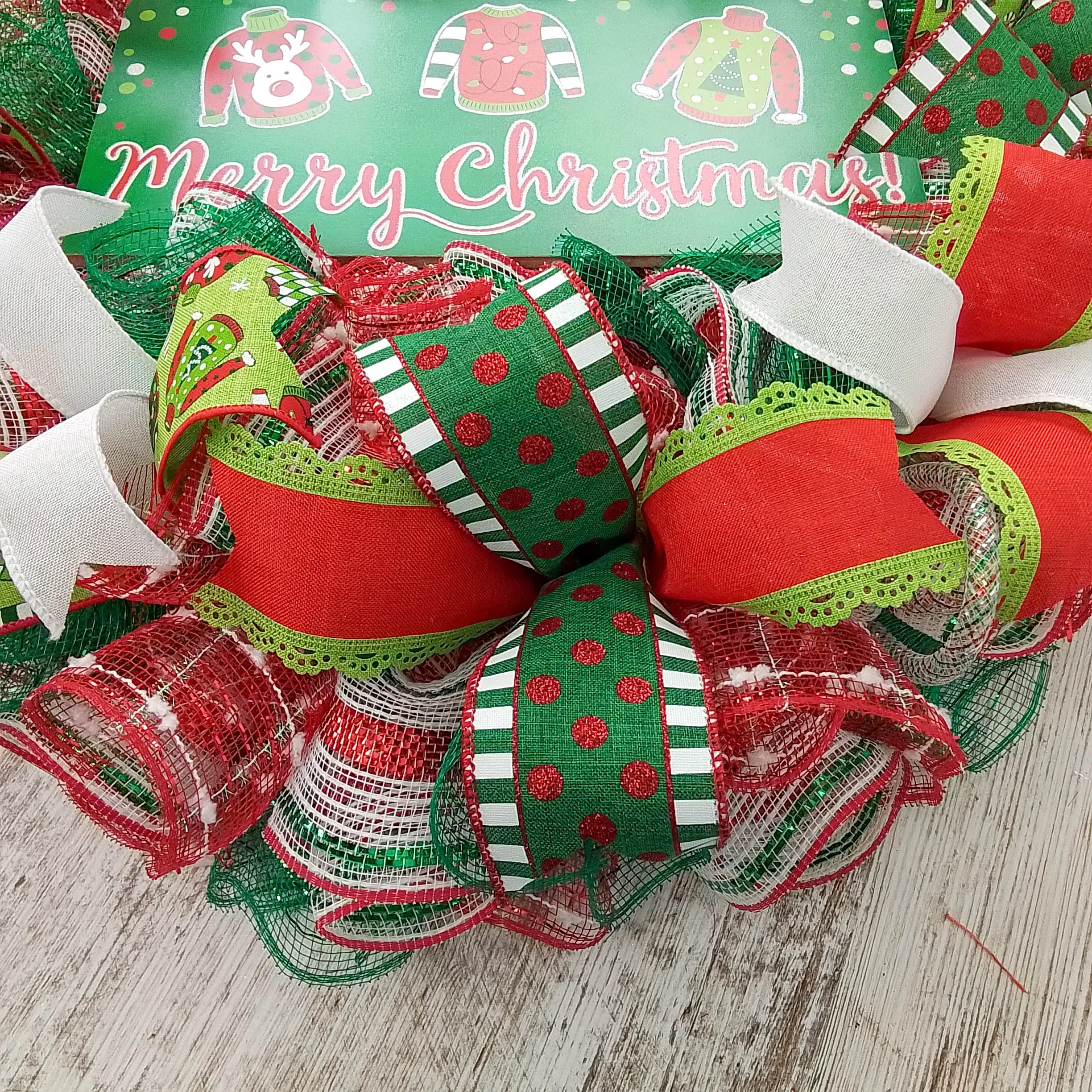 Ugly Christmas Sweater Wreath - Xmas Mesh Door Decor - Holiday Decorations - Red White Emerald Green