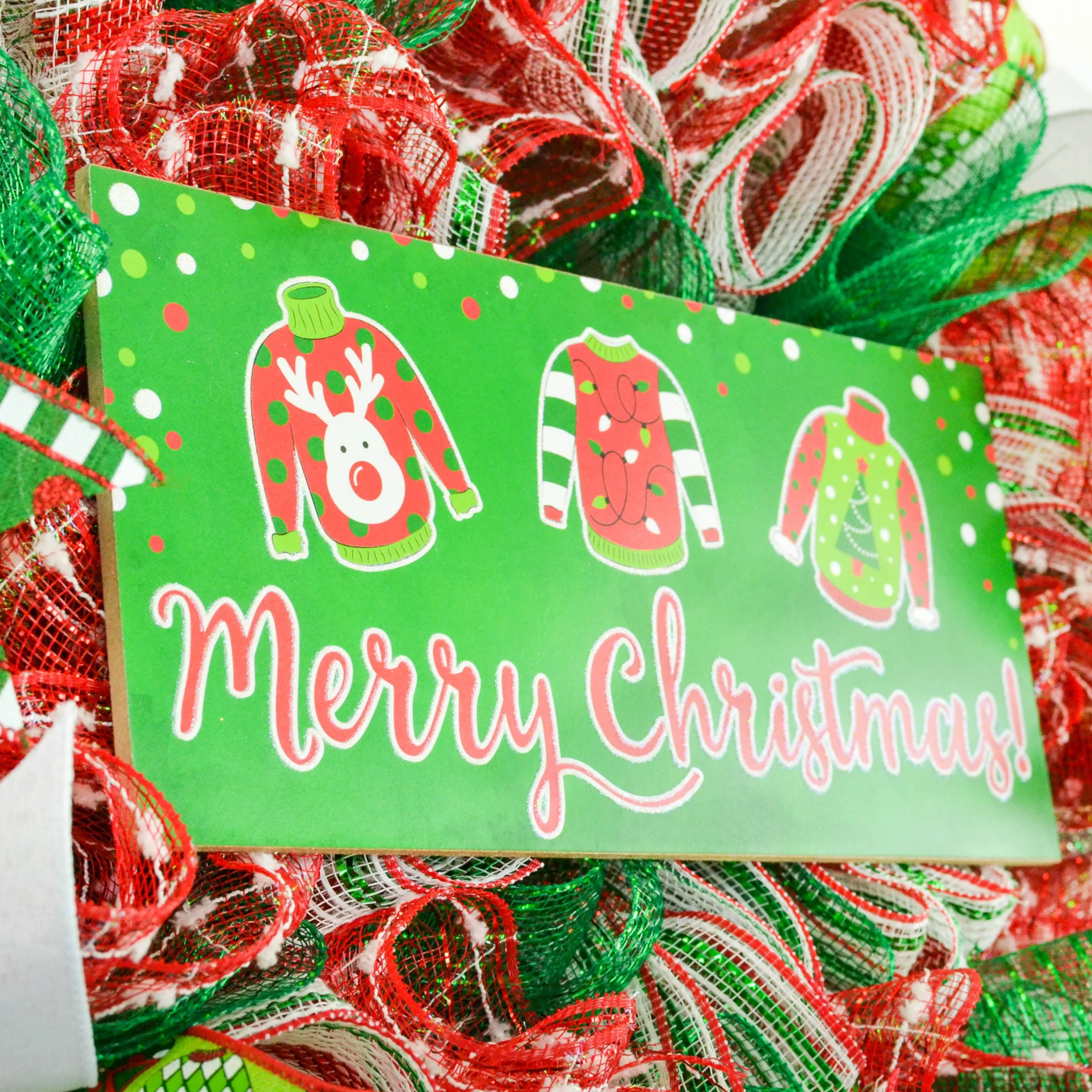 Ugly Christmas Sweater Wreath - Xmas Mesh Door Decor - Holiday Decorations - Red White Emerald Green