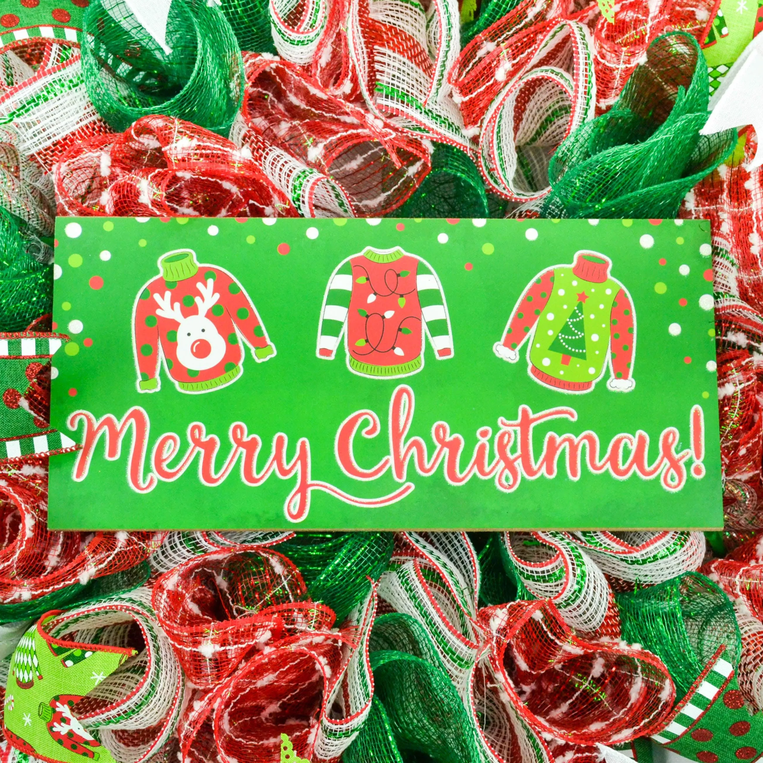 Ugly Christmas Sweater Wreath - Xmas Mesh Door Decor - Holiday Decorations - Red White Emerald Green