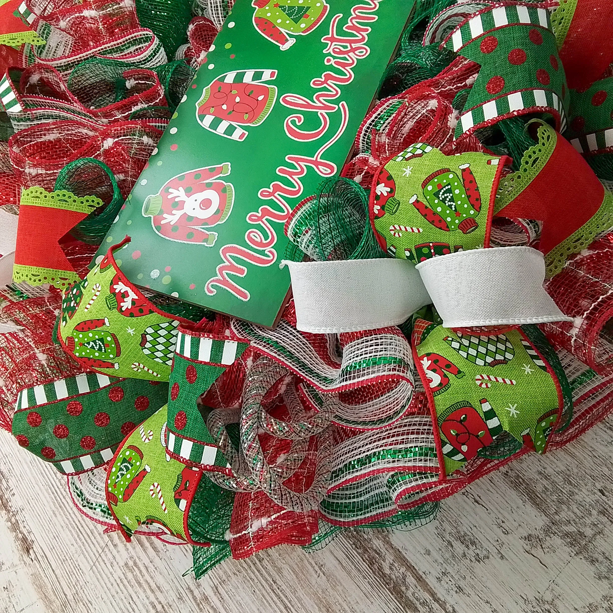 Ugly Christmas Sweater Wreath - Xmas Mesh Door Decor - Holiday Decorations - Red White Emerald Green