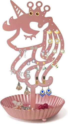 Unicorn Earring Holder Organizer Decor Stud Earrings Tree 81 Holes,Jewelry Earring Display,Metal Earring Storage Stand with Tray Gift for Teens Girls Kids Women (Pink)