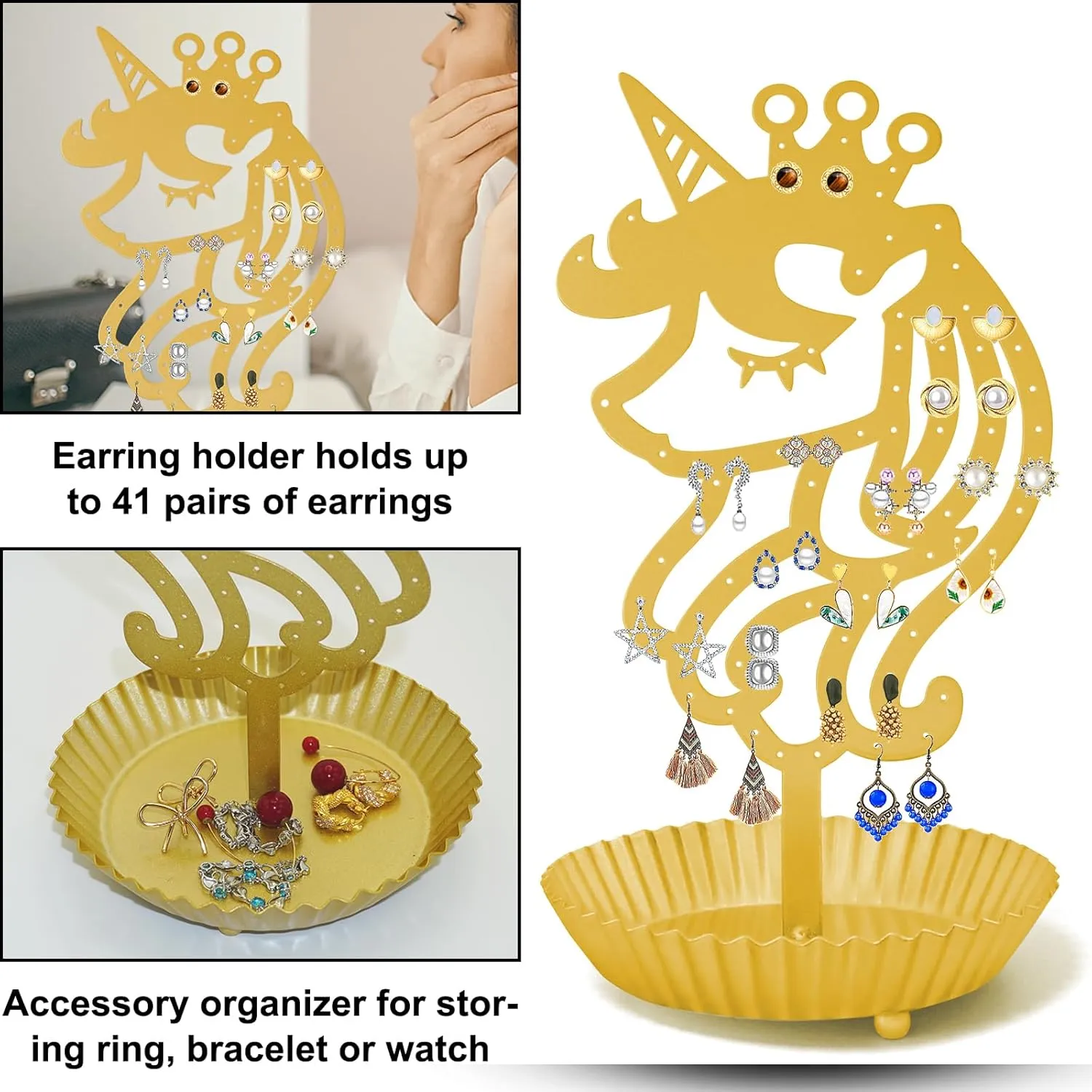 Unicorn Earring Holder Organizer Decor Stud Earrings Tree 81 Holes,Jewelry Earring Display,Metal Earring Storage Stand with Tray Gift (Gold)