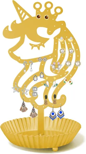 Unicorn Earring Holder Organizer Decor Stud Earrings Tree 81 Holes,Jewelry Earring Display,Metal Earring Storage Stand with Tray Gift (Gold)