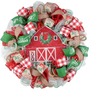 Winter Barn Christmas Mesh Wreath - Farmhouse Outdoor Front Door Decoration - Red Green White