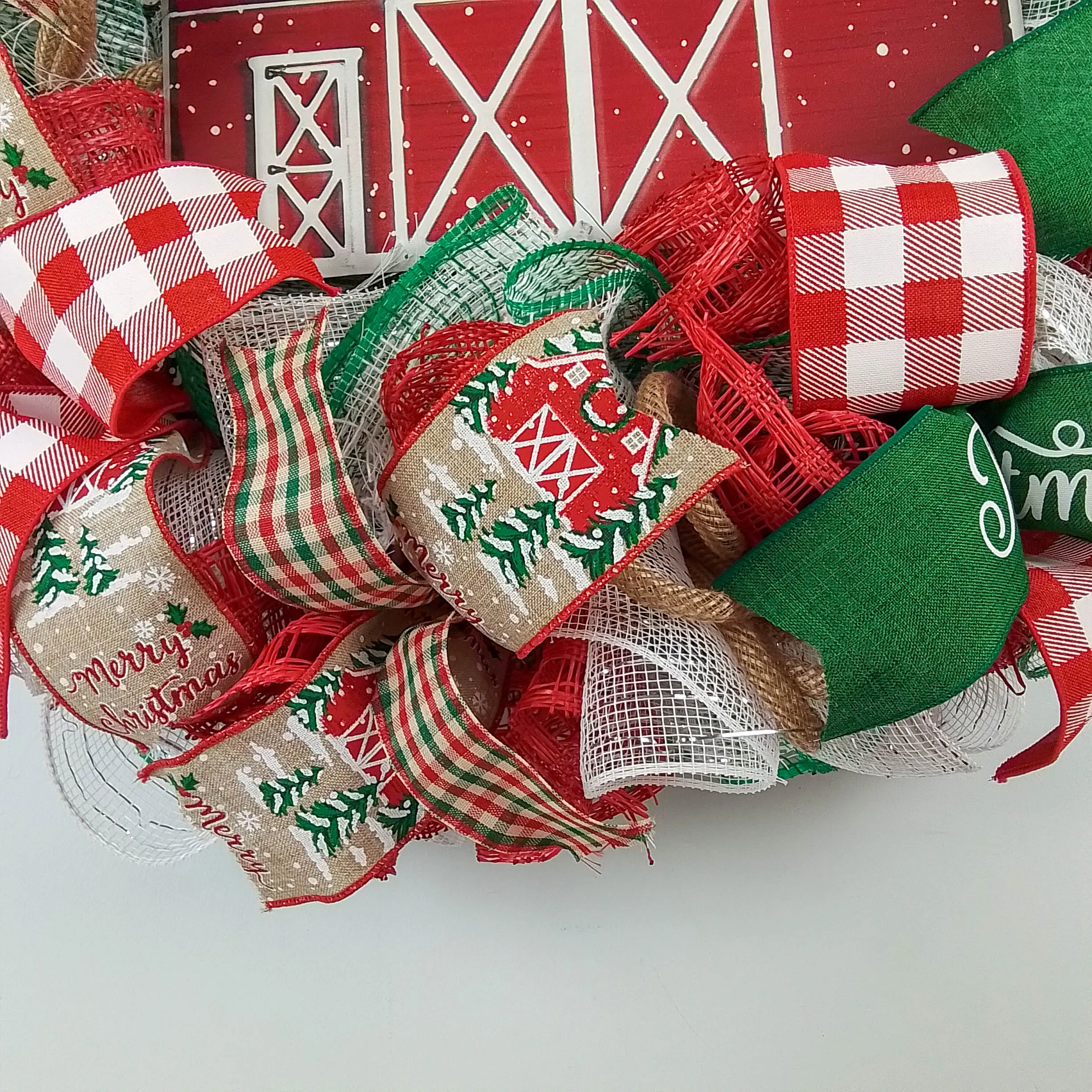 Winter Barn Christmas Mesh Wreath - Farmhouse Outdoor Front Door Decoration - Red Green White
