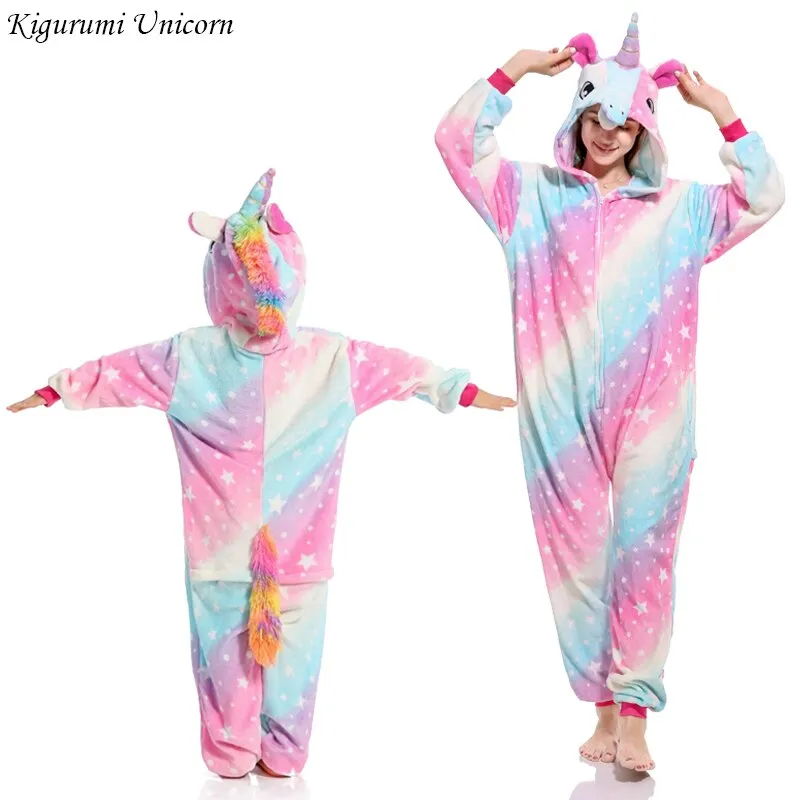 Winter Women Men Unisex Adult Cute Cartoon Onesie Animal Pajamas Kigurumi Unicorn Cat Bear Flannel Nightie Sleepwear