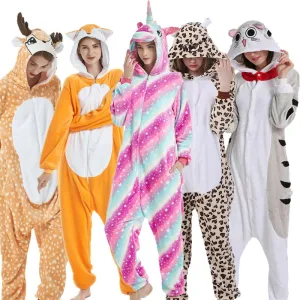 Winter Women Men Unisex Adult Cute Cartoon Onesie Animal Pajamas Kigurumi Unicorn Cat Bear Flannel Nightie Sleepwear