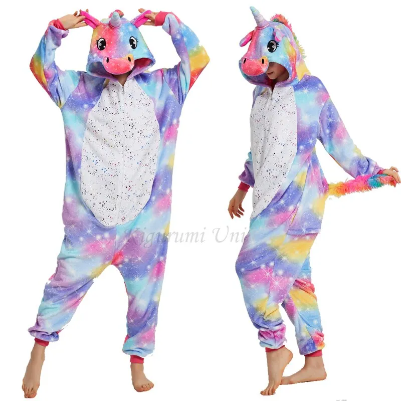 Winter Women Men Unisex Adult Cute Cartoon Onesie Animal Pajamas Kigurumi Unicorn Cat Bear Flannel Nightie Sleepwear