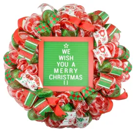Wish You a Merry Christmas Front Door Wreath - Bright Holiday Decoration - Red Green White Sparkle