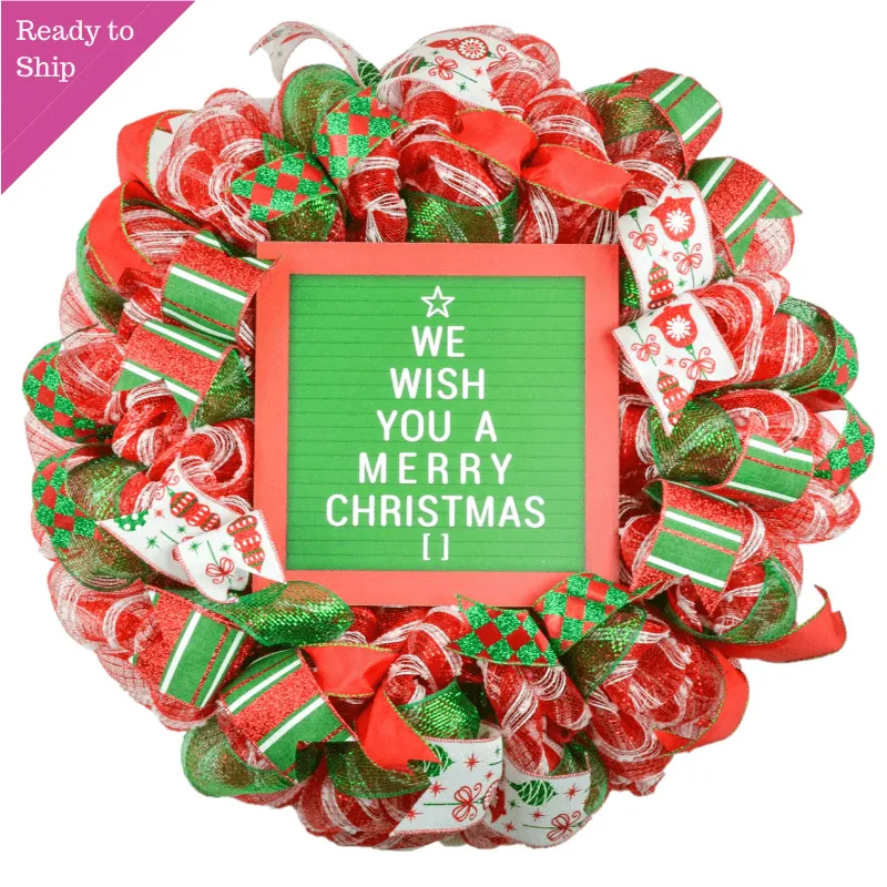 Wish You a Merry Christmas Front Door Wreath - Bright Holiday Decoration - Red Green White Sparkle