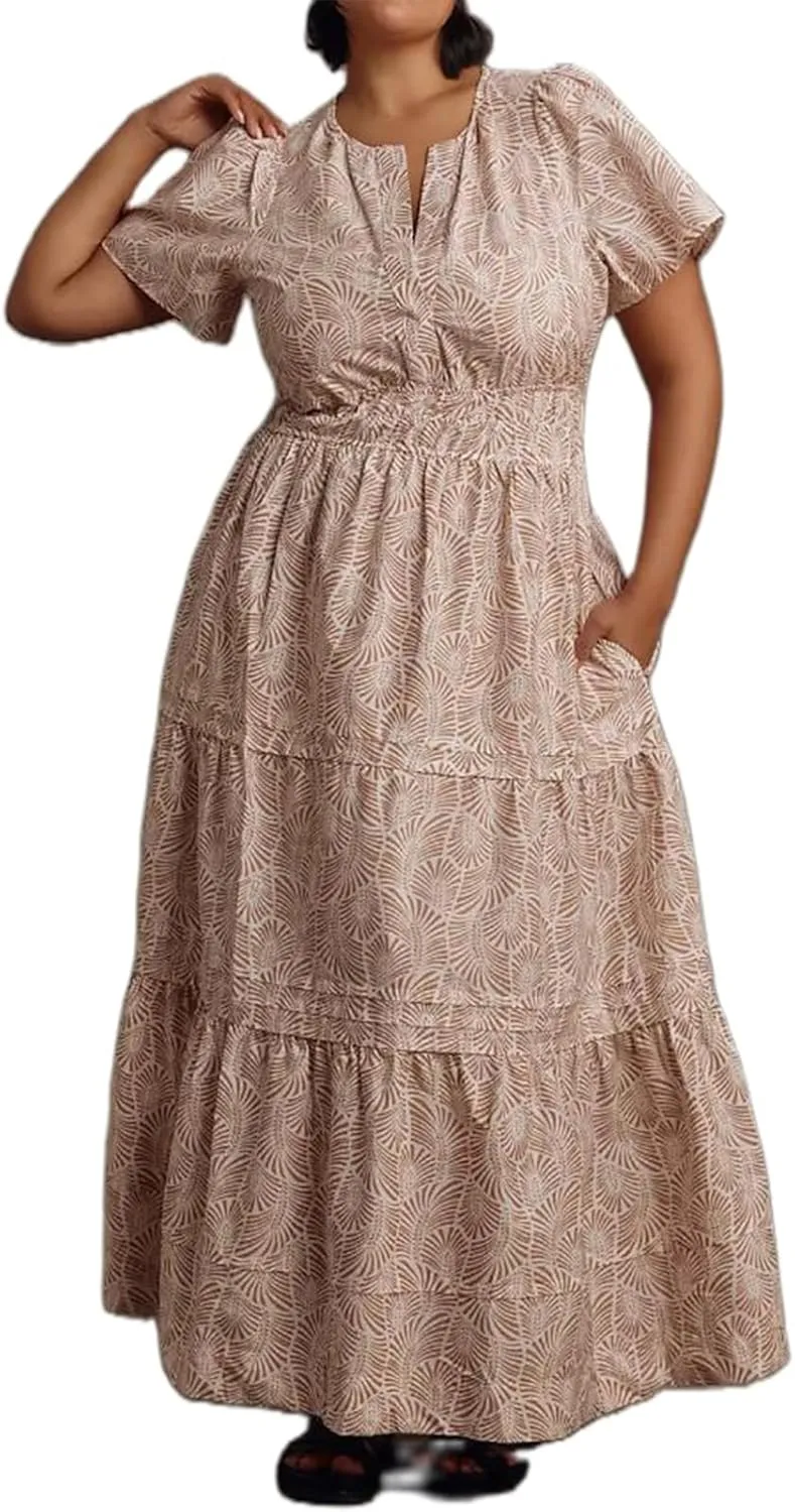 Women Summer Boho Maxi Dress Smocked Waist V-Neck Short Sleeve Tiered Flowy Dresses Beach Sundress Clubwear