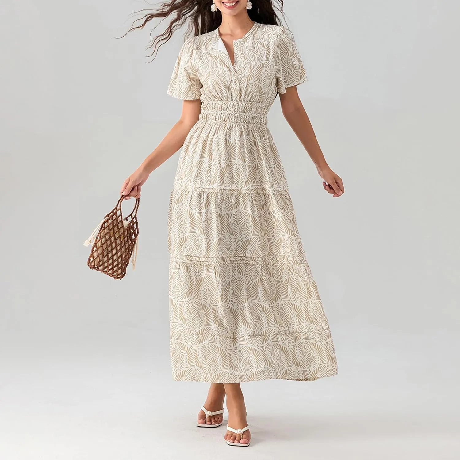 Women Summer Boho Maxi Dress Smocked Waist V-Neck Short Sleeve Tiered Flowy Dresses Beach Sundress Clubwear