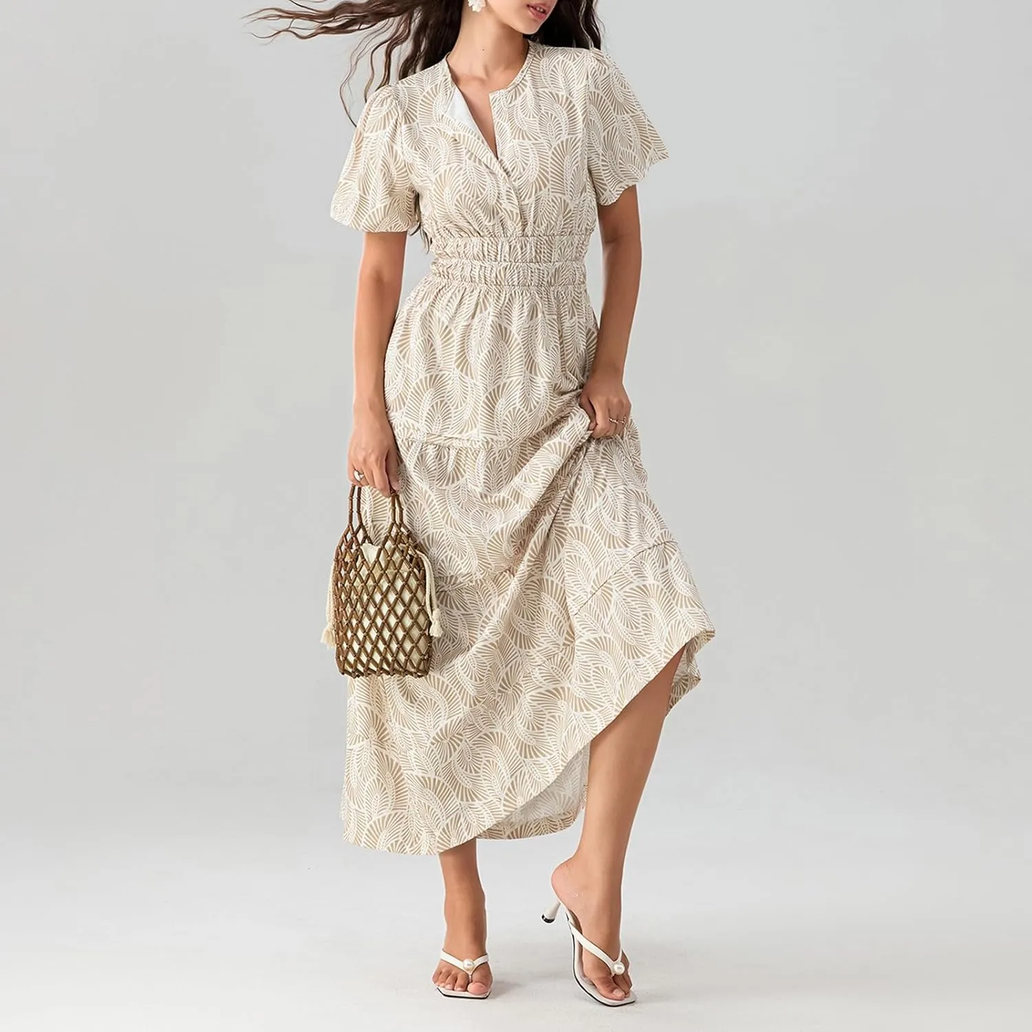 Women Summer Boho Maxi Dress Smocked Waist V-Neck Short Sleeve Tiered Flowy Dresses Beach Sundress Clubwear