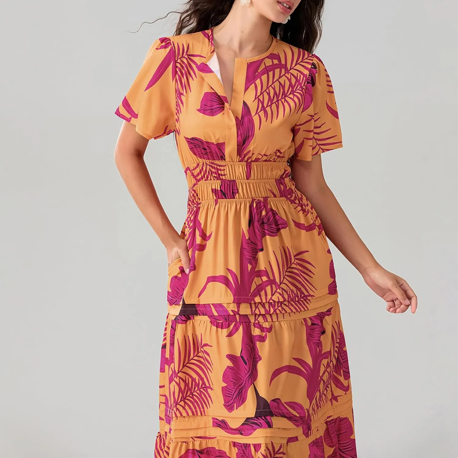 Women Summer Boho Maxi Dress Smocked Waist V-Neck Short Sleeve Tiered Flowy Dresses Beach Sundress Clubwear