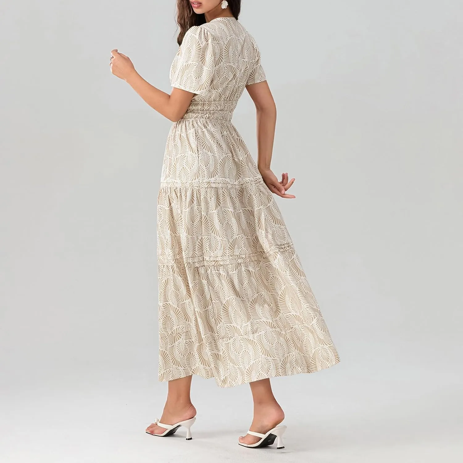 Women Summer Boho Maxi Dress Smocked Waist V-Neck Short Sleeve Tiered Flowy Dresses Beach Sundress Clubwear