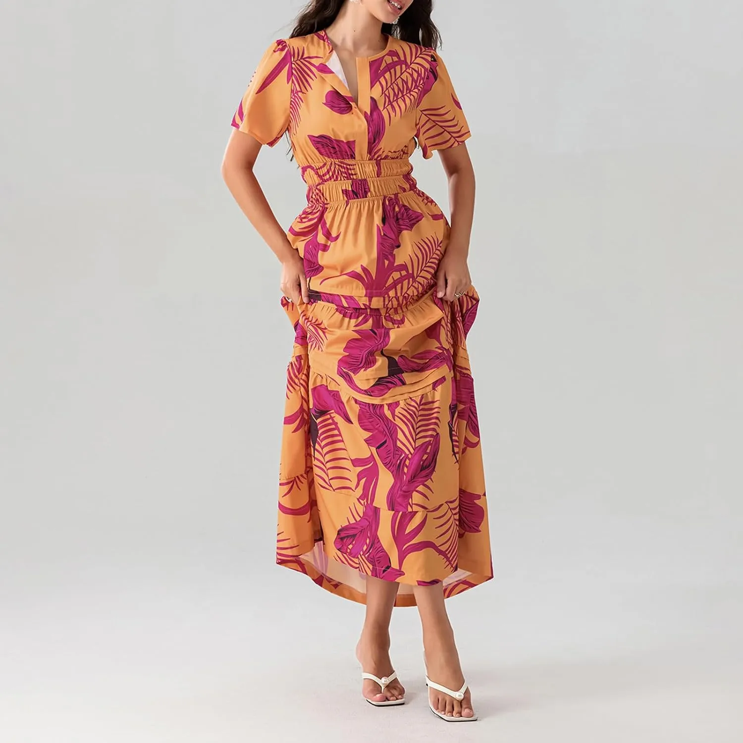 Women Summer Boho Maxi Dress Smocked Waist V-Neck Short Sleeve Tiered Flowy Dresses Beach Sundress Clubwear
