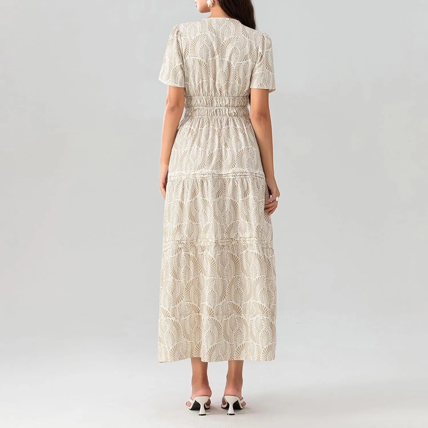 Women Summer Boho Maxi Dress Smocked Waist V-Neck Short Sleeve Tiered Flowy Dresses Beach Sundress Clubwear