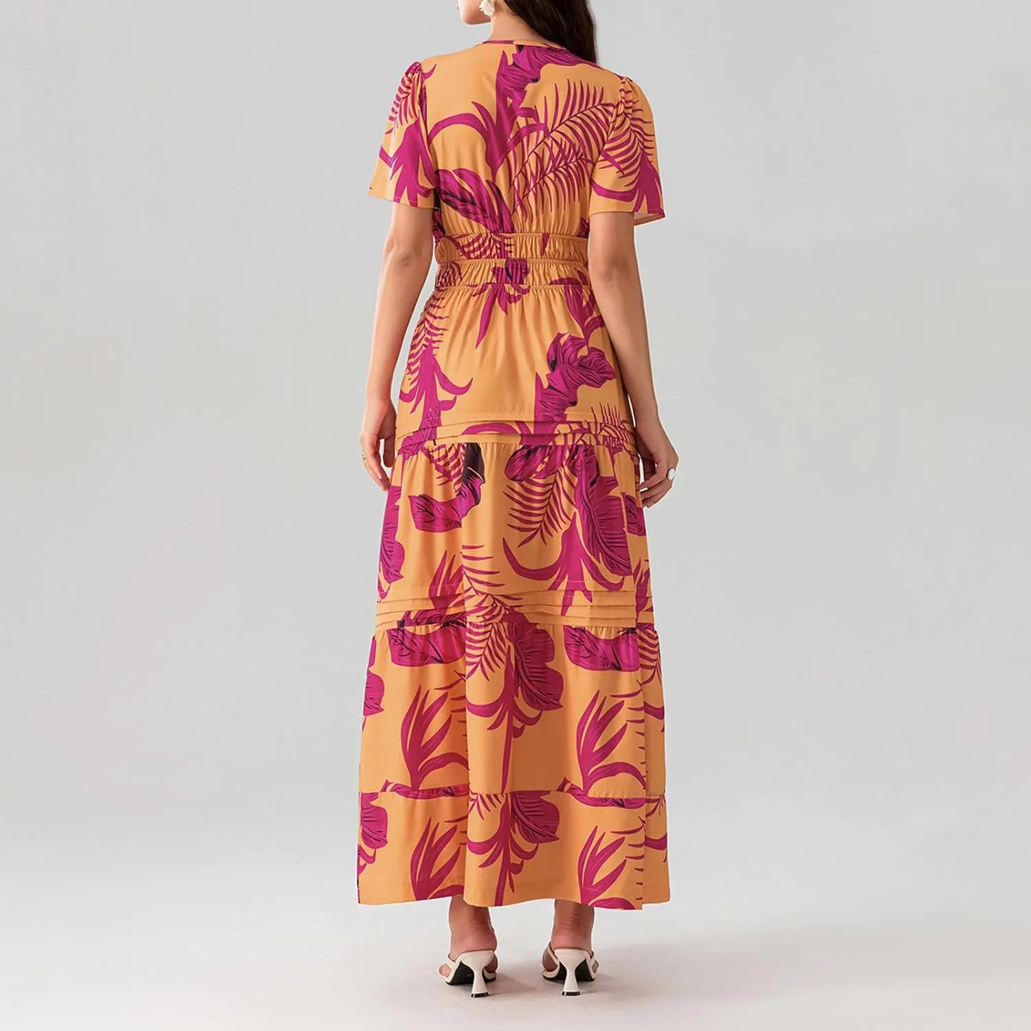 Women Summer Boho Maxi Dress Smocked Waist V-Neck Short Sleeve Tiered Flowy Dresses Beach Sundress Clubwear
