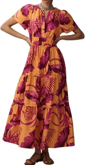 Women Summer Boho Maxi Dress Smocked Waist V-Neck Short Sleeve Tiered Flowy Dresses Beach Sundress Clubwear