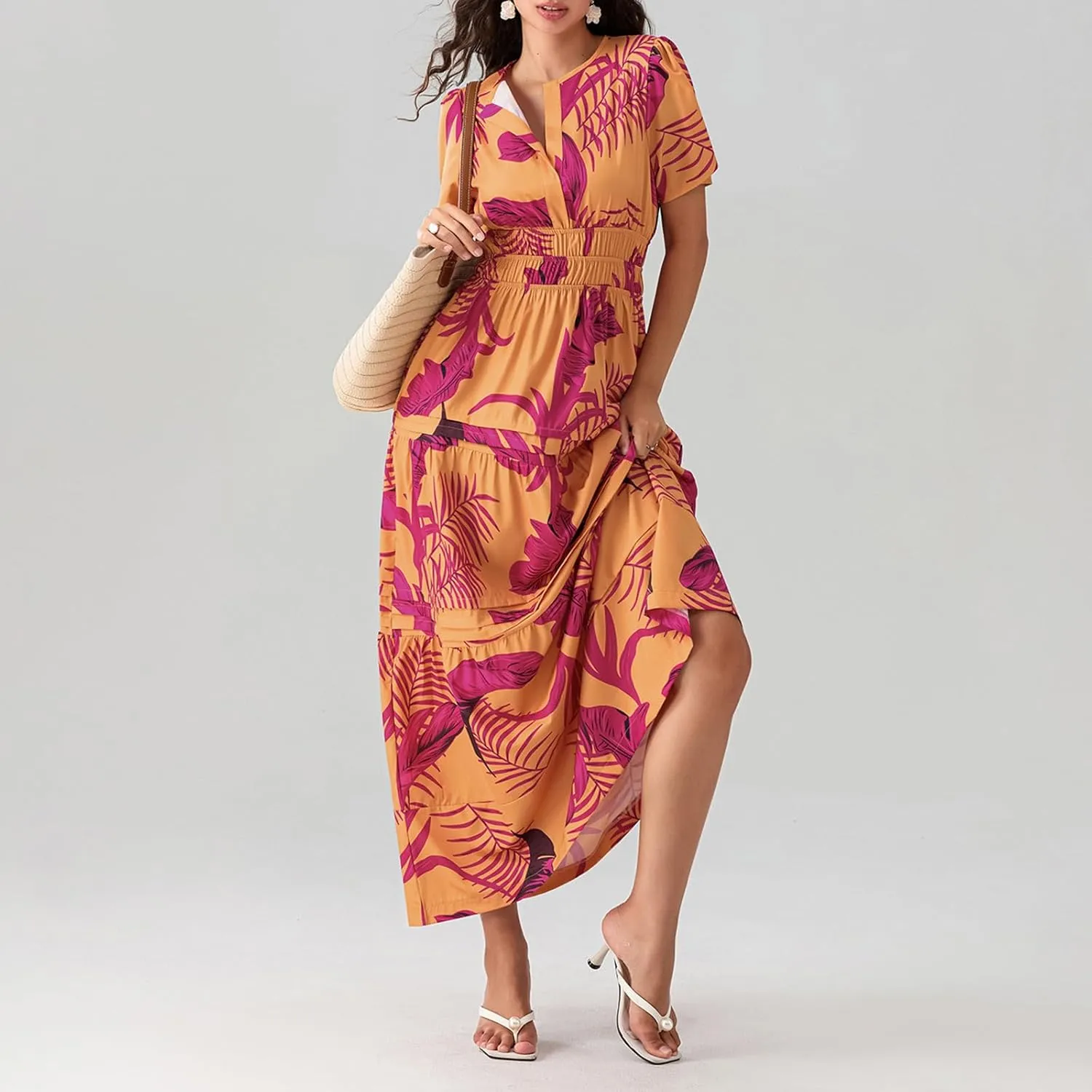 Women Summer Boho Maxi Dress Smocked Waist V-Neck Short Sleeve Tiered Flowy Dresses Beach Sundress Clubwear