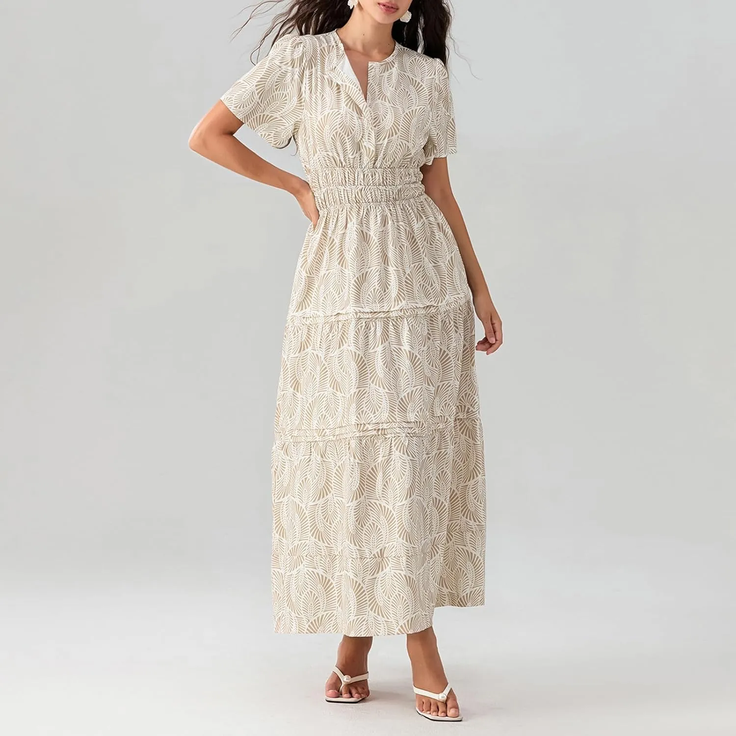 Women Summer Boho Maxi Dress Smocked Waist V-Neck Short Sleeve Tiered Flowy Dresses Beach Sundress Clubwear