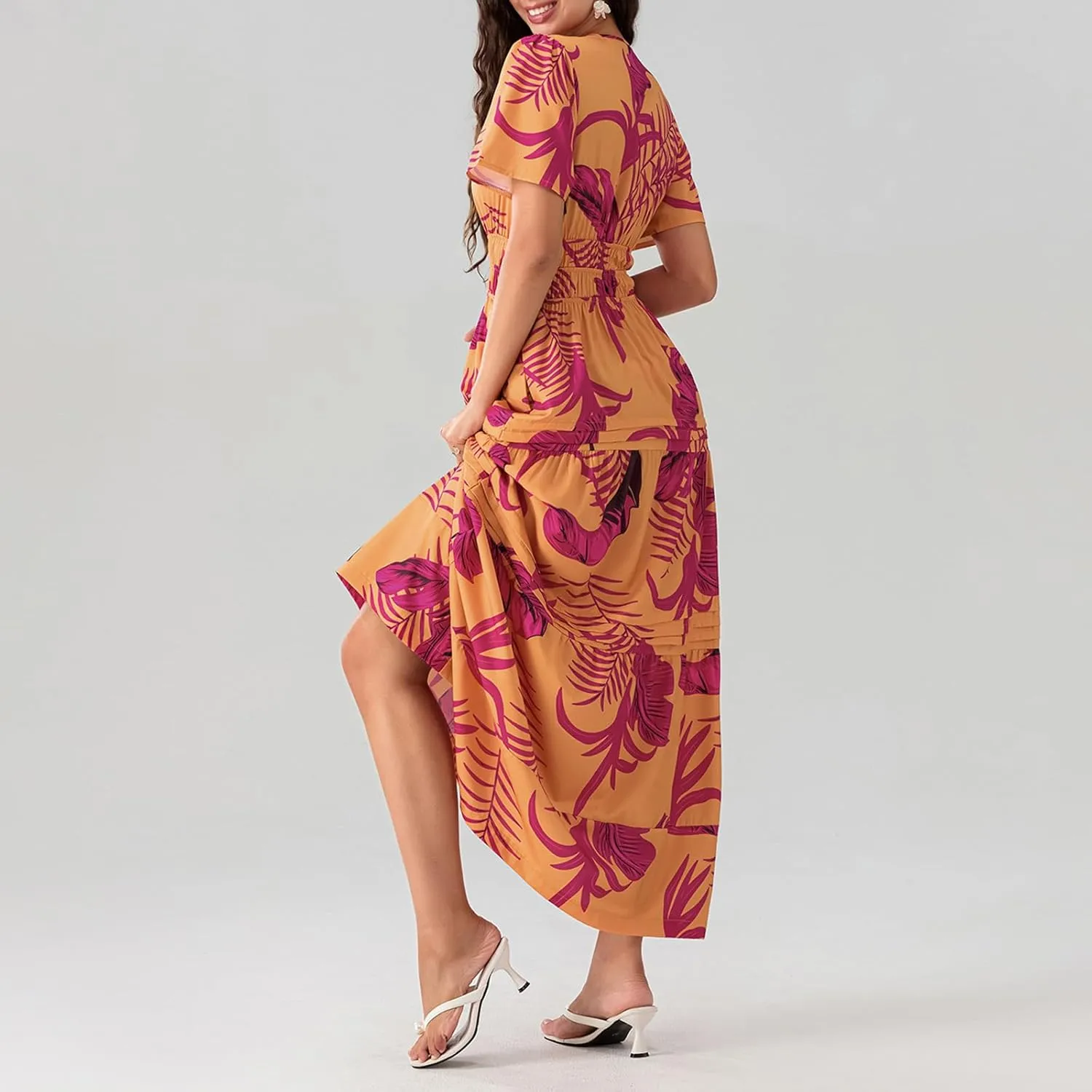 Women Summer Boho Maxi Dress Smocked Waist V-Neck Short Sleeve Tiered Flowy Dresses Beach Sundress Clubwear
