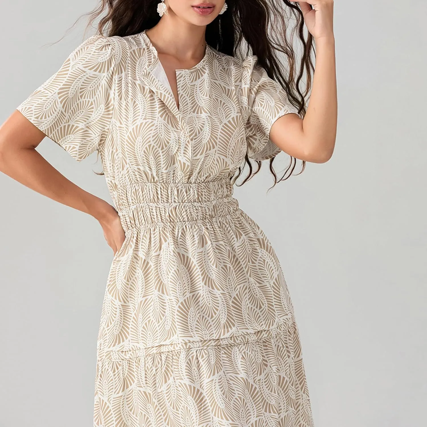 Women Summer Boho Maxi Dress Smocked Waist V-Neck Short Sleeve Tiered Flowy Dresses Beach Sundress Clubwear