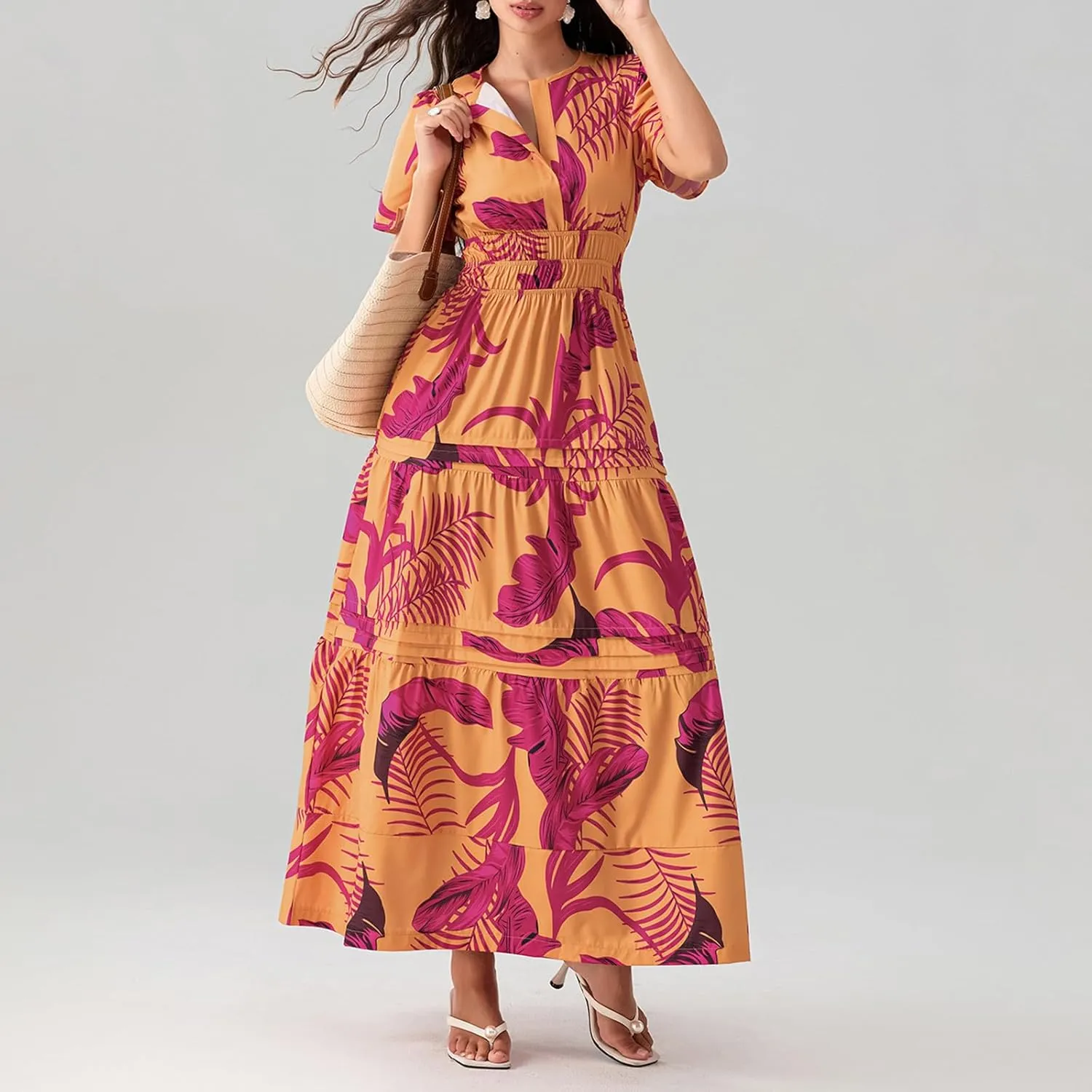 Women Summer Boho Maxi Dress Smocked Waist V-Neck Short Sleeve Tiered Flowy Dresses Beach Sundress Clubwear
