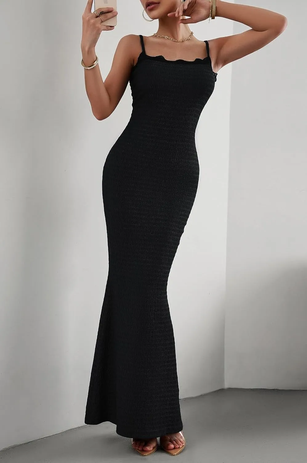 Women's Casual Slip Long Dress Lace Square Neck Solid Sexy Sleeveless Bodycon Maxi Dress