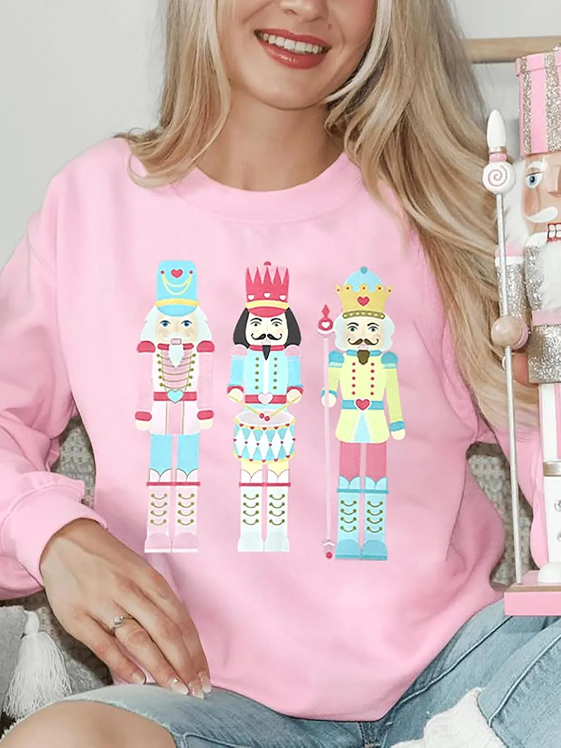 Women's Christmas Nutcracker Sweatshirt Crewneck Long Sleeve Shirt Xmas Holiday Pullover Tops