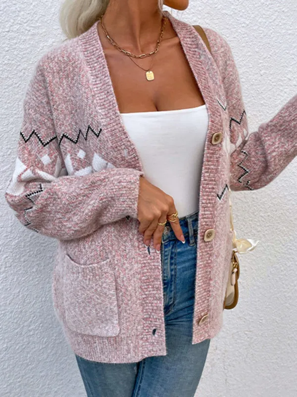 Women's Christmas Snowflake Knit Single Breasted Pocket Sweater