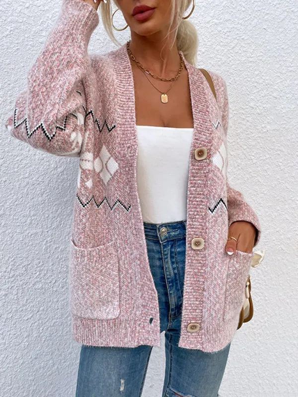 Women's Christmas Snowflake Knit Single Breasted Pocket Sweater